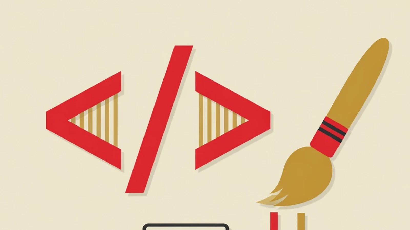 Ilustrasi vektor editorial tanda kurung sudut HTML, kuas gaya CSS, dan tumpukan blok tata letak dokumen dengan palet warna merah dan mustard
