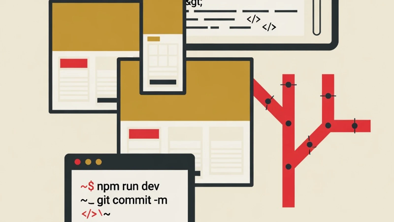 Ilustrasi portofolio web developer: jendela browser berisi kode, blok tata letak responsif, cabang Git, dan terminal
