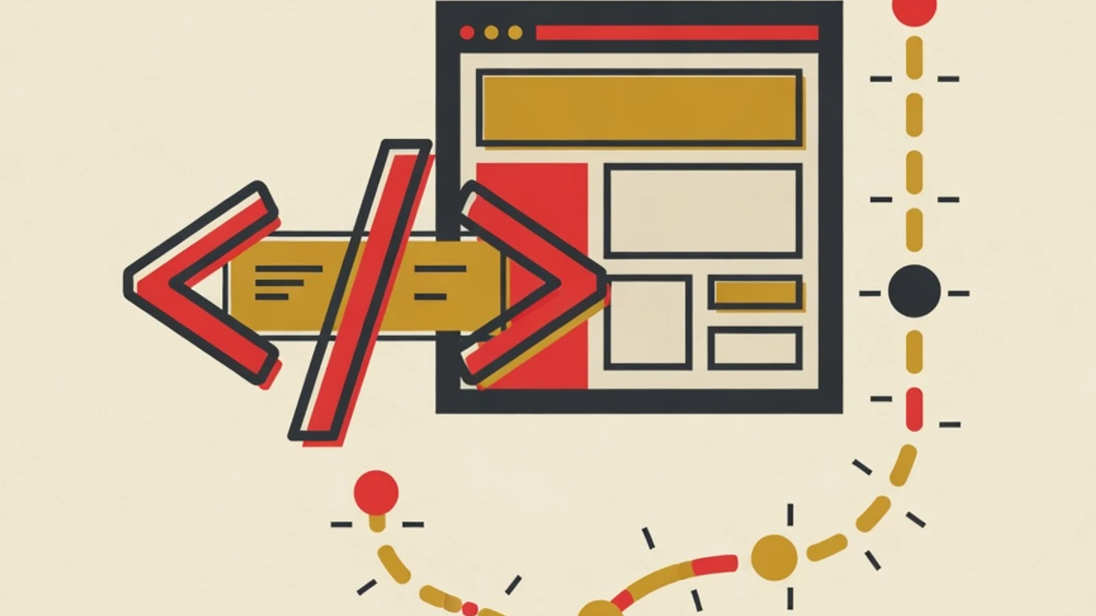 Flat illustration of web development learning stages: an HTML code tag, a browser window with responsive layout blocks, an upward roadmap path with milestone dots, and a rocket launch icon