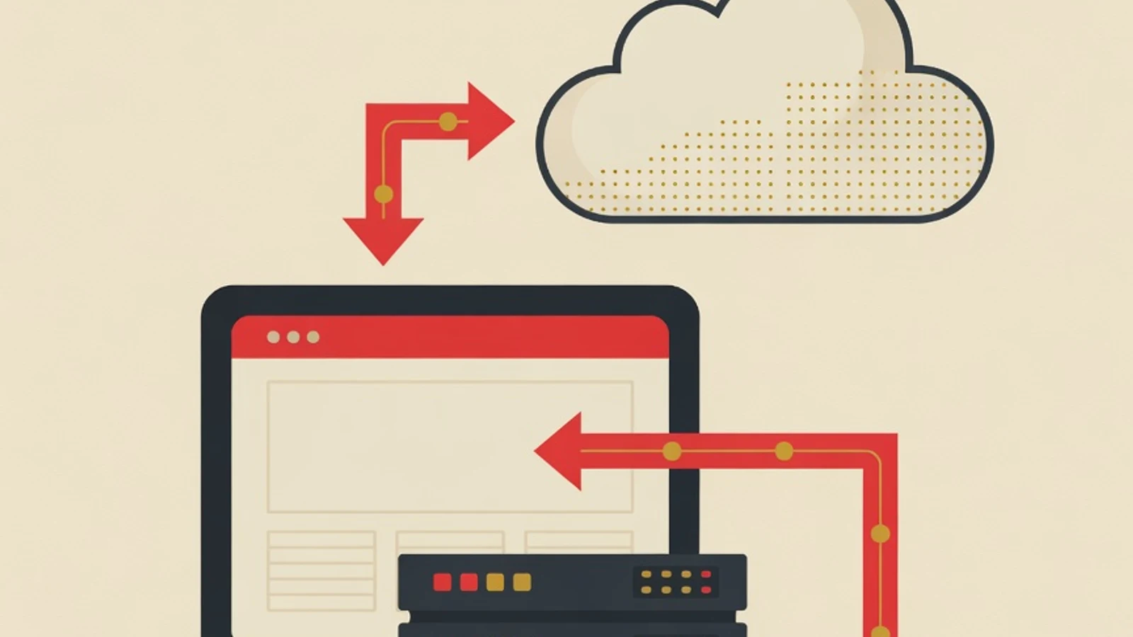 Ilustrasi lapisan stack web development fullstack: jendela browser, server, basis data, penghubung API, dan simpul deployment awan
