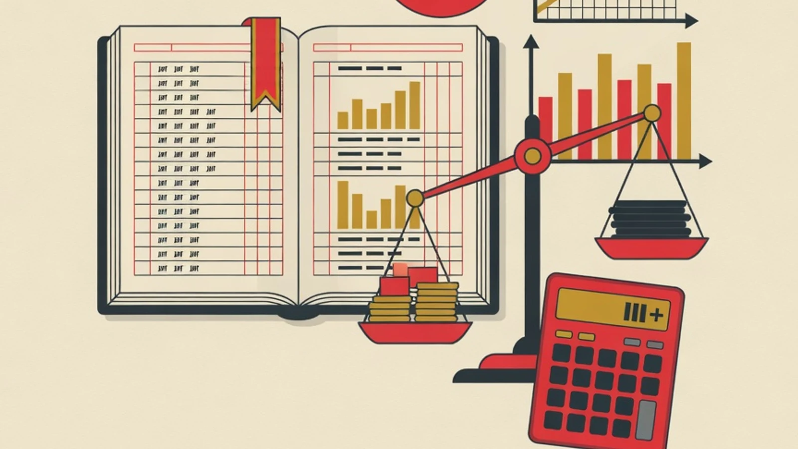 Flat illustration of debits and credits: ledger book, balanced scale, calculator, and financial charts