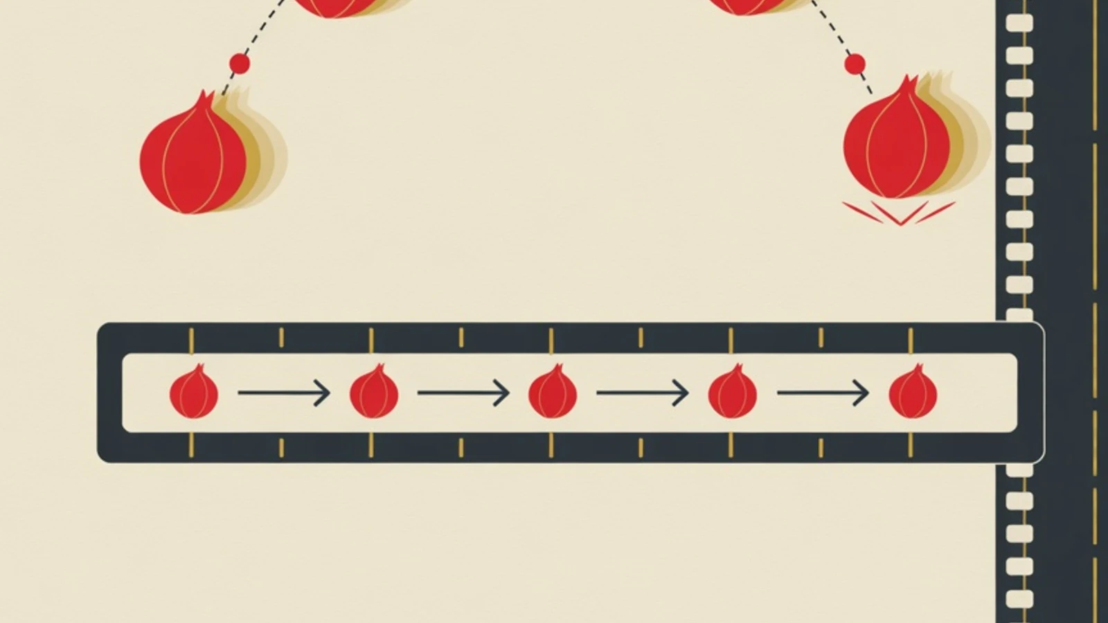 Ilustrasi editorial datar bergaya brand: bola memantul dengan jalur busur, potongan timeline keyframe, lapisan frame onion-skin, dan gulungan film sebagai simbol prinsip gerak animasi 2D