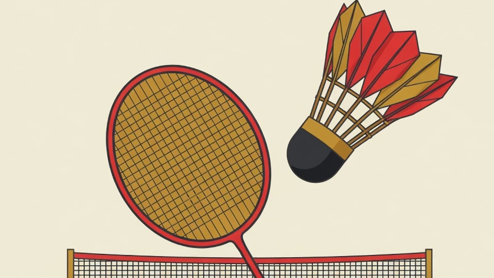 Ilustrasi datar raket bulutangkis, shuttlecock, dan net di atas garis lapangan bergaya editorial dengan aksen merah dan mustard