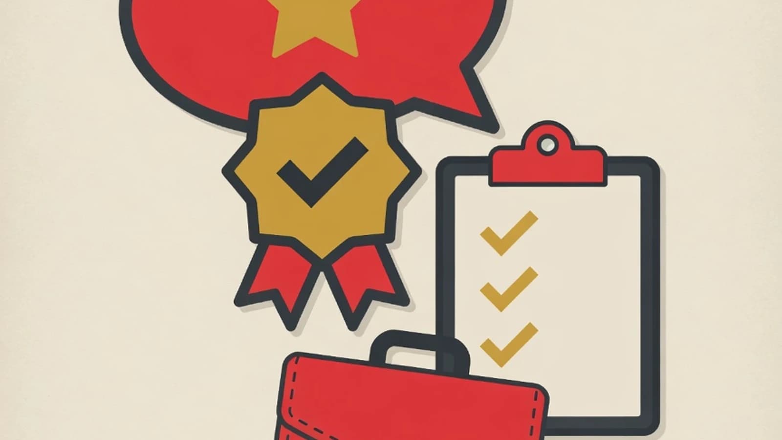 Flat editorial illustration of a speech bubble, a checklist board, and a briefcase in red and mustard tones for English speaking practice for job interviews
