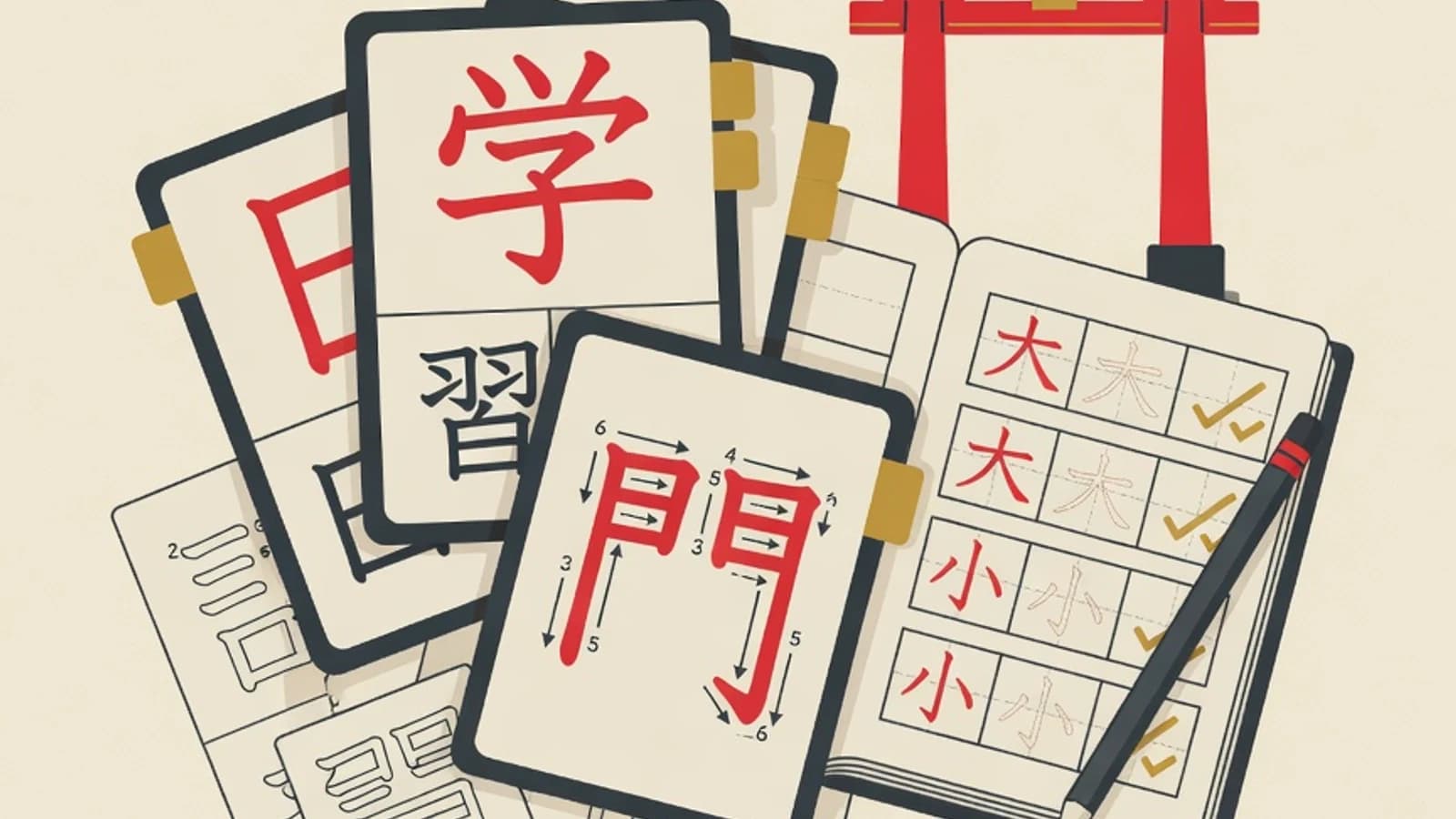 Illustration of learning basic kanji: kanji character cards, a notebook, and a stroke-order diagram