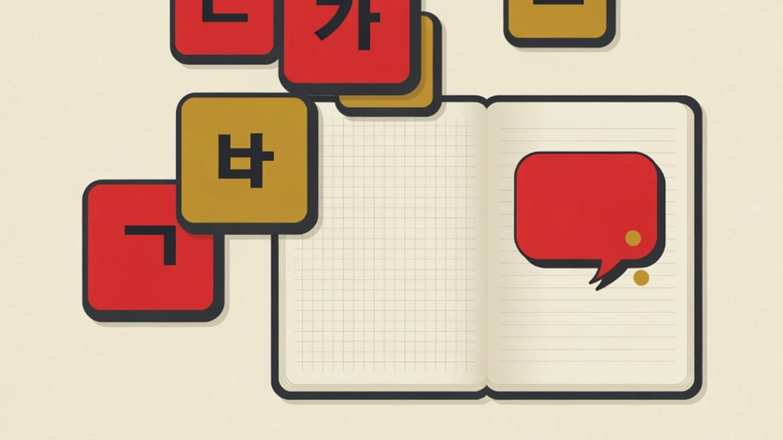 Flat illustration of Hangeul consonant and vowel letter tiles, a stacked syllable block, and a notebook with a speech bubble on EduPoint cream brand background