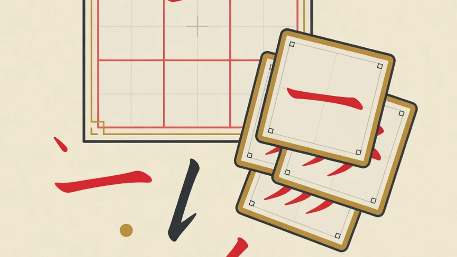 Editorial illustration of a tian zi ge grid box, an ink brush pen, basic strokes, and Chinese character flashcards