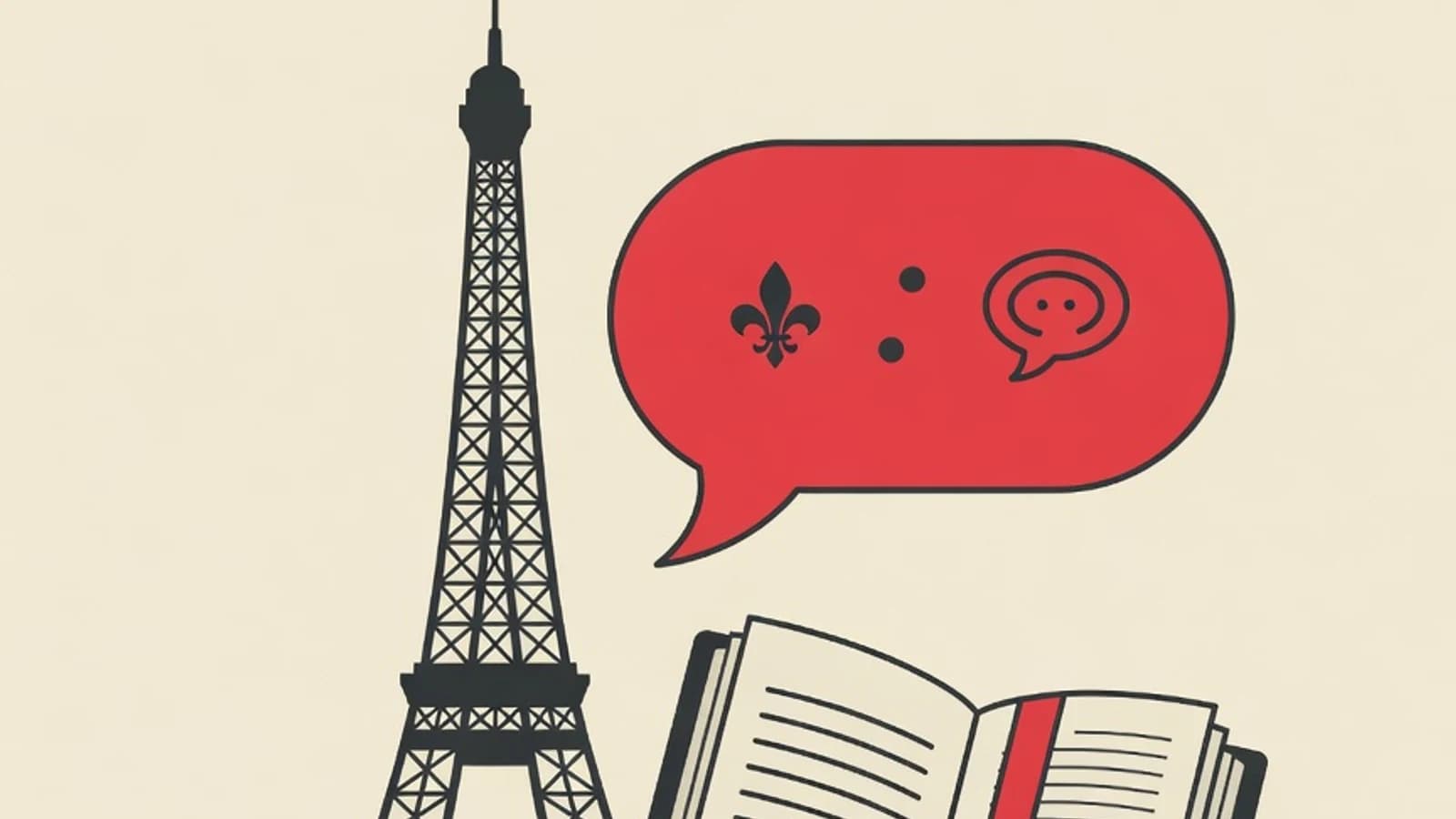 Ilustrasi datar siluet menara Eiffel, sebuah buku terbuka, croissant, dan balon percakapan di atas latar krem brand EduPoint