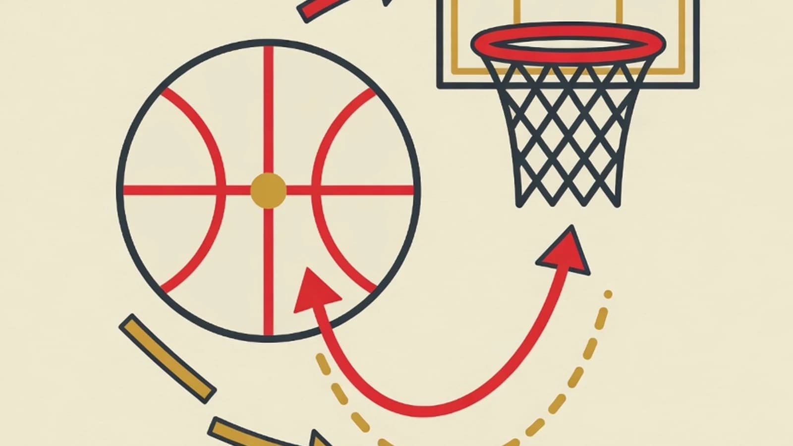 Flat editorial illustration of a basketball, a hoop with a net, and directional motion arrows for dribbling and passing in red and mustard accents