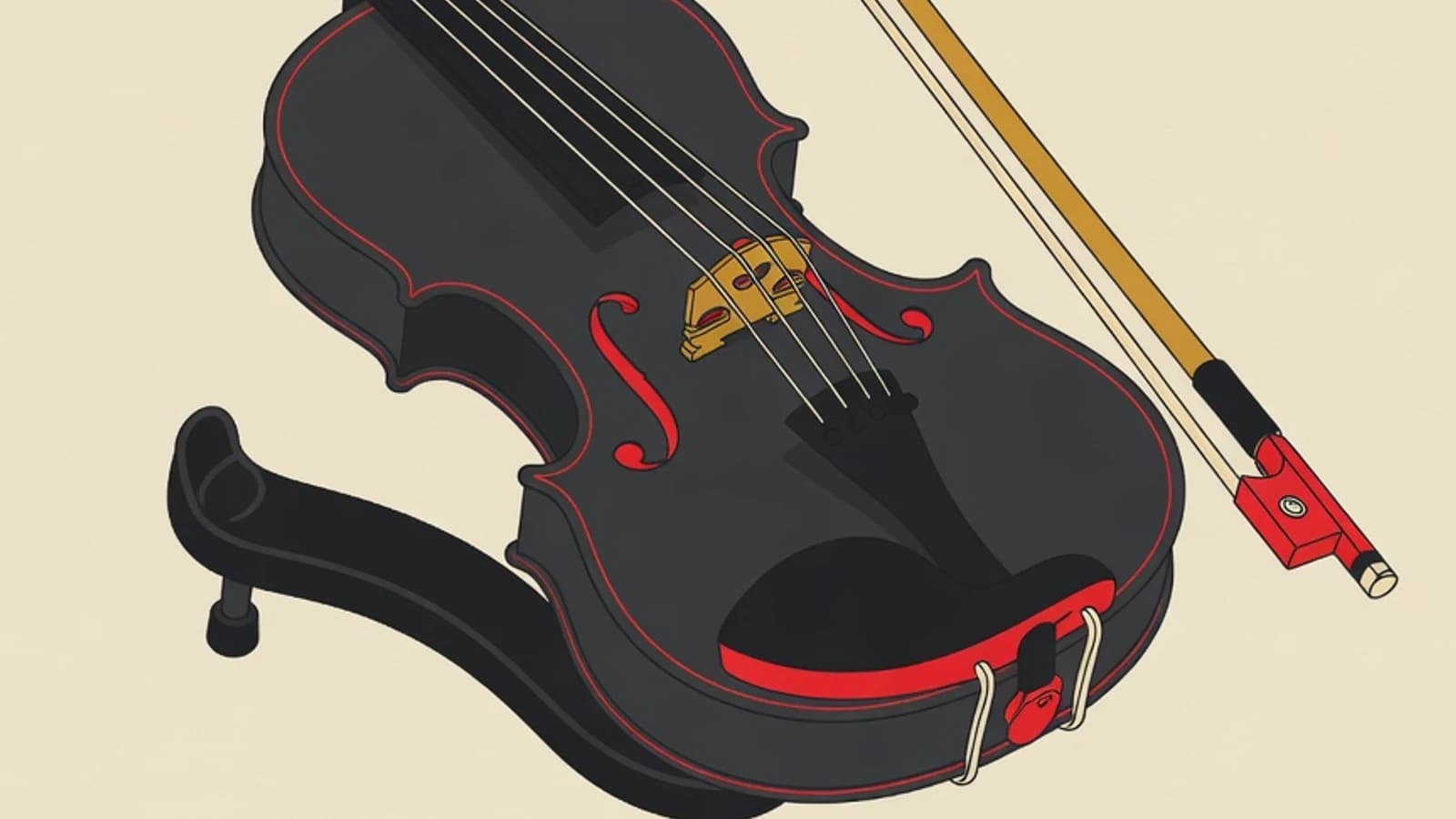 Flat illustration of a violin body resting on the shoulder, a chin rest, a shoulder rest, and a bow with a relaxed hold in EduPoint brand colors