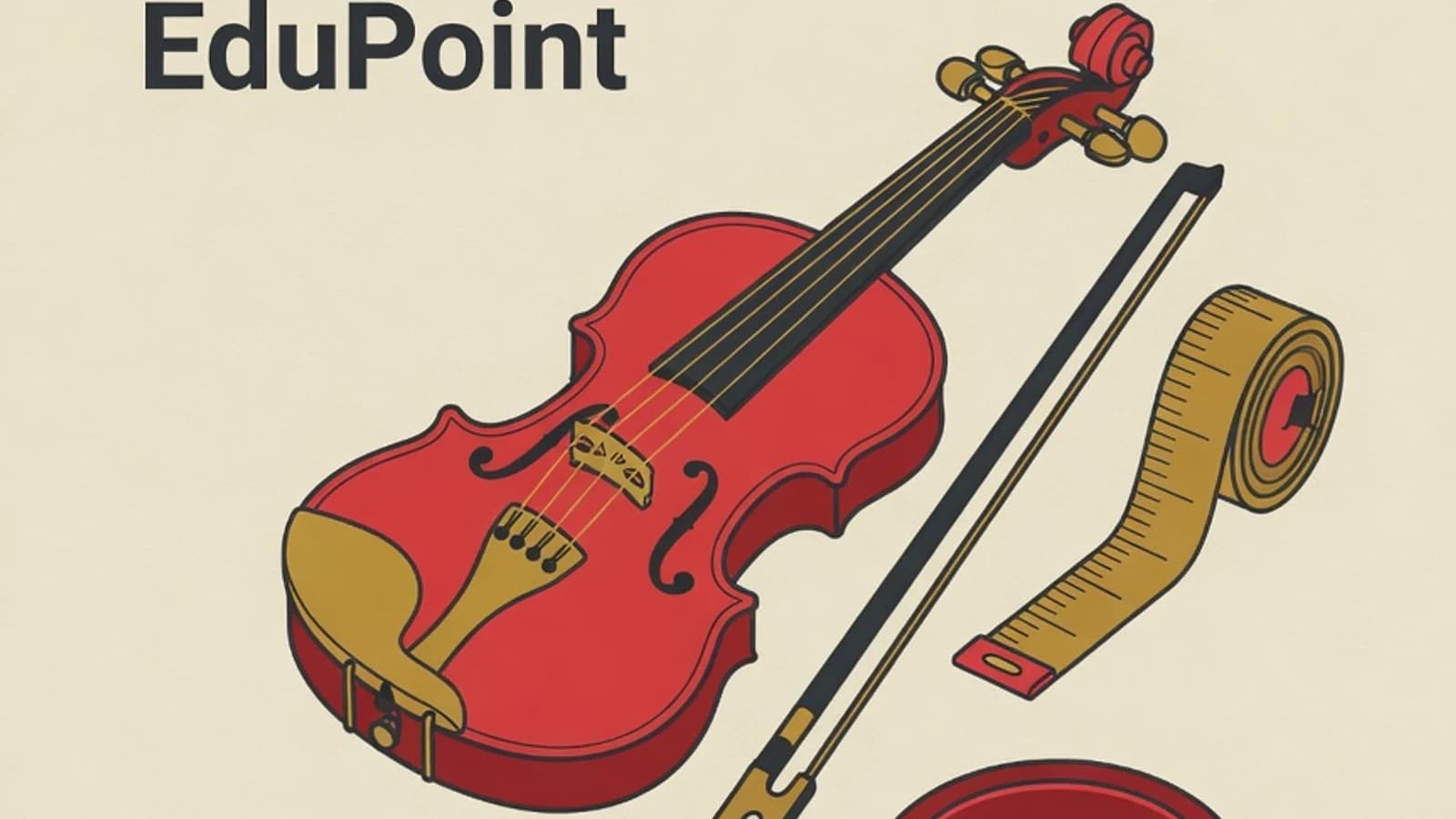 Flat illustration of a child-size violin with bow, an arm-length tape measure, and a practice-schedule calendar