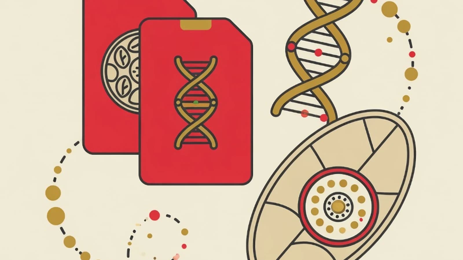 Flat illustration of biology symbols, a leaf, a cell, and a DNA strand, arranged into a layered memory pattern