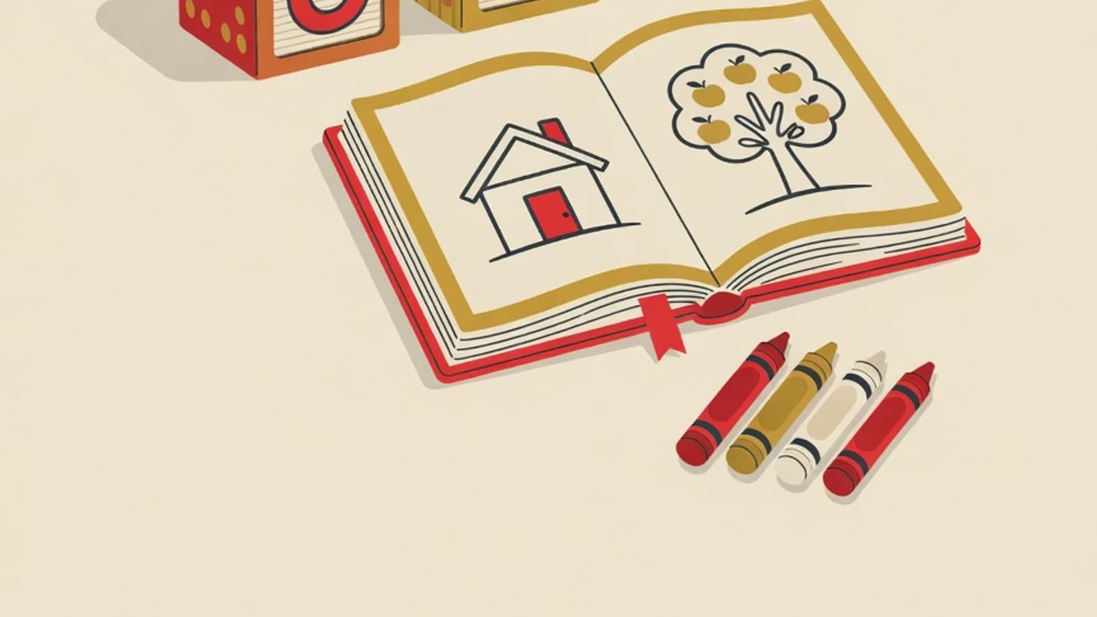 Flat illustration of a child learning to read: syllable cards, a picture book, and colorful crayons