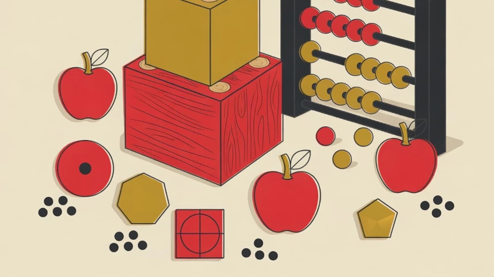 Flat illustration of a child learning numbers and counting with an abacus and building blocks