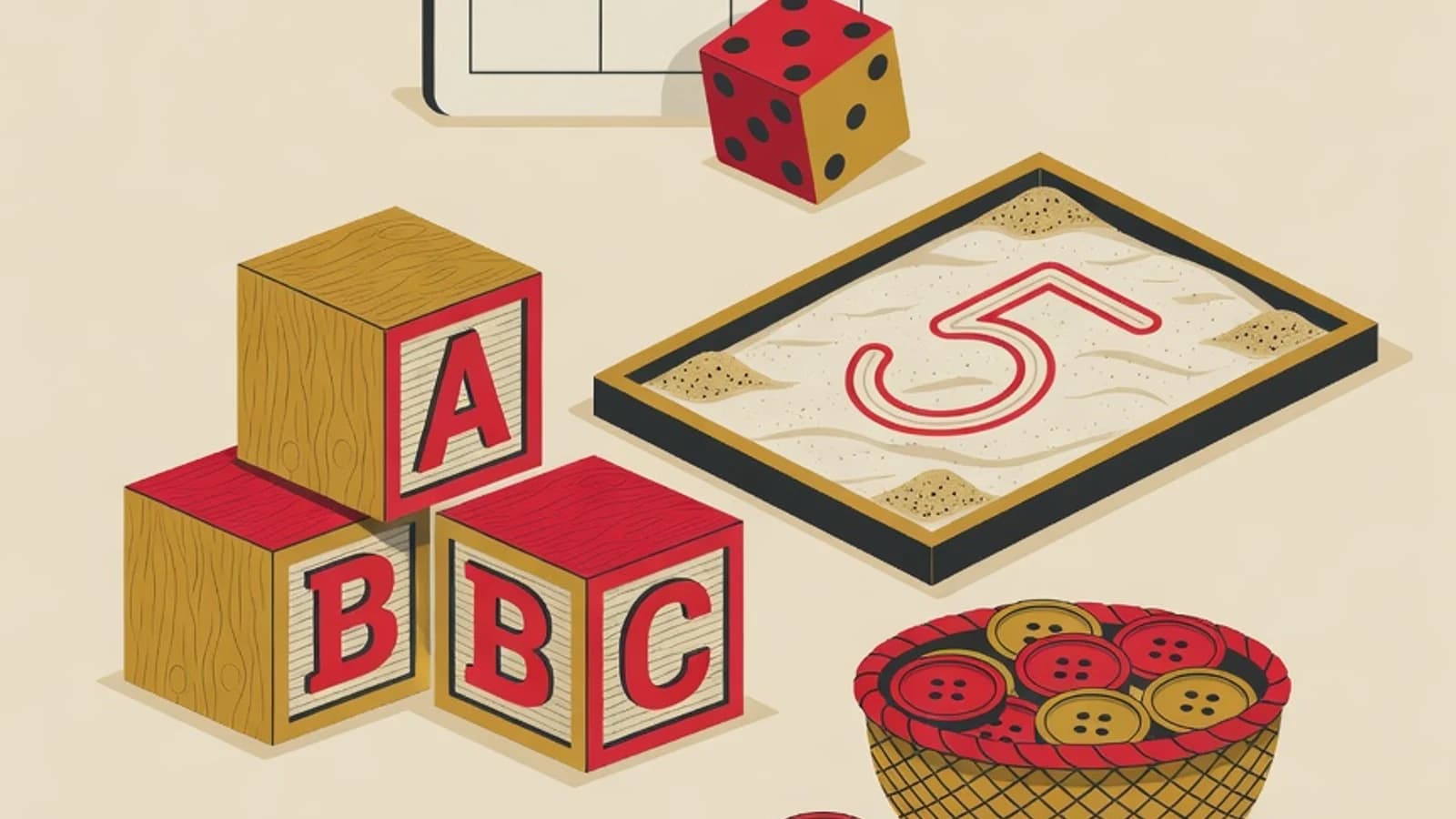 Flat illustration of a straight number board with a die, wooden letter blocks, a sand tray showing a traced number, and a basket of counting buttons