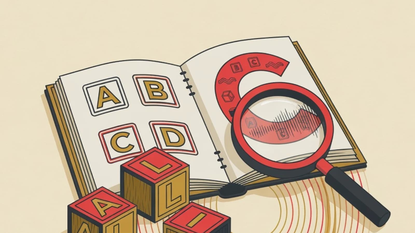 Flat editorial brand illustration of an open picture book, alphabet blocks, and sound wave ripples