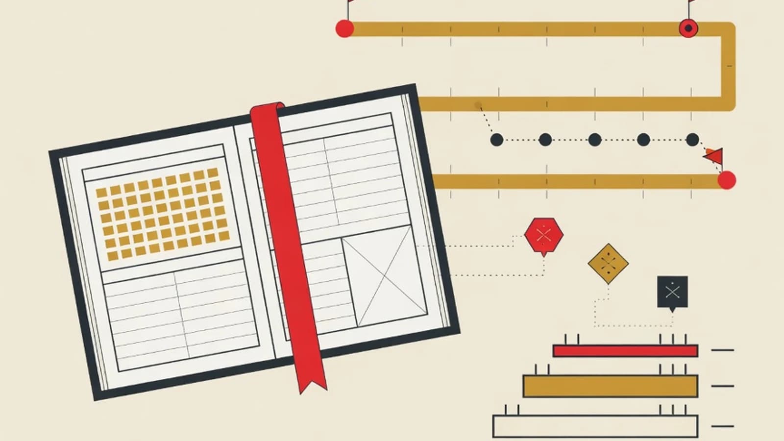 Editorial illustration of IGCSE preparation with a syllabus book, a two-year roadmap, and subject markers