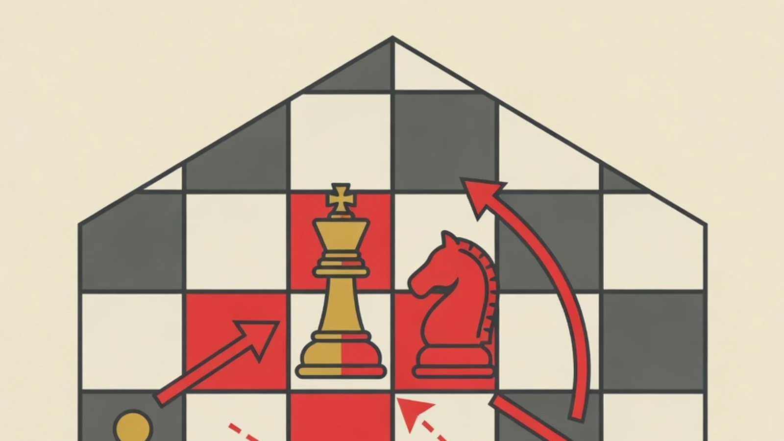 Ilustrasi papan catur dengan empat kotak pusat yang disorot, buah raja dan kuda, serta rantai pion sebagai lambang fondasi strategi