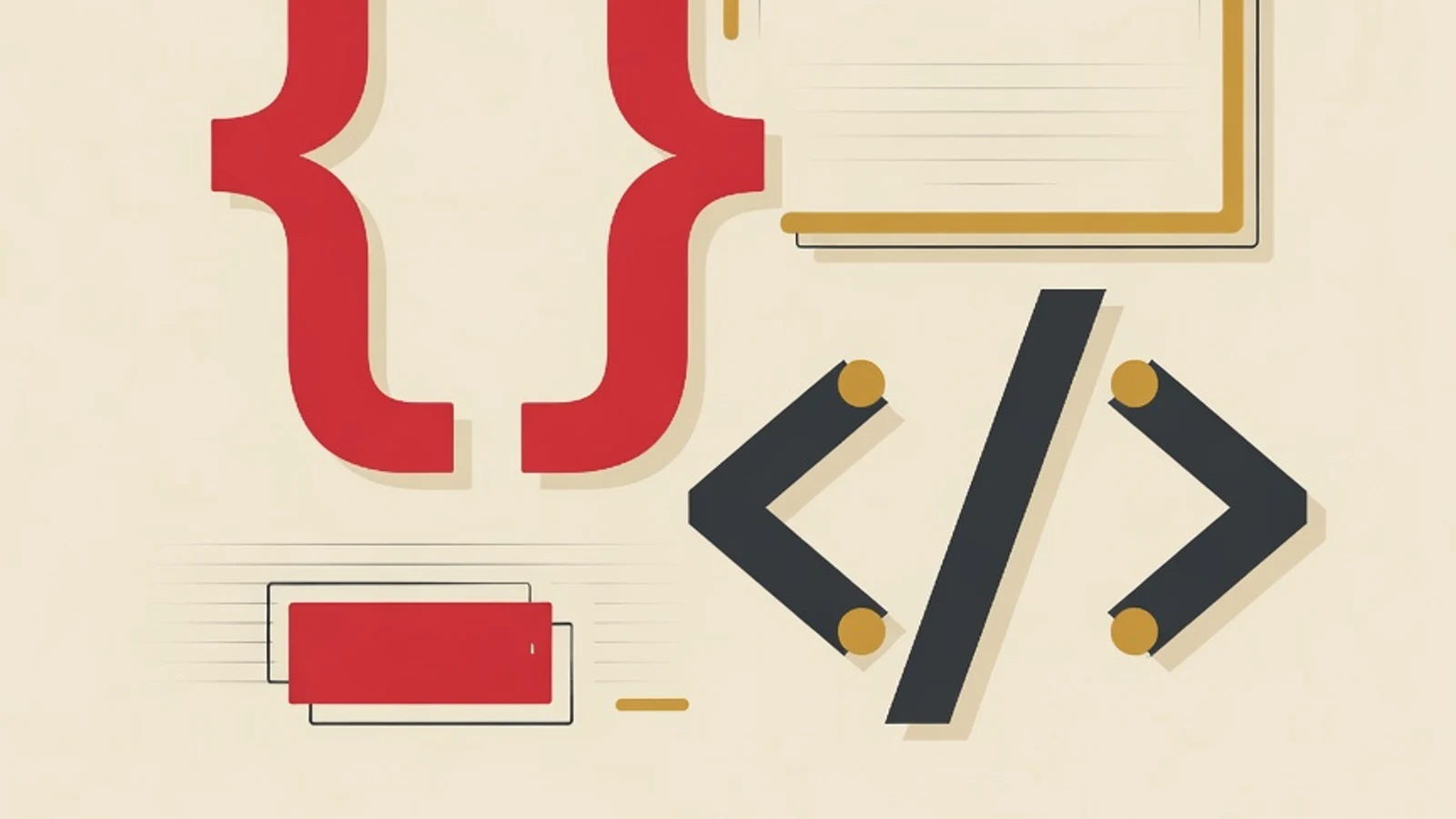 Ilustrasi vektor editorial bertema JavaScript: kurung kurawal, bingkai jendela peramban, tanda kurung sudut kode, dan kursor terminal dengan palet brand EduPoint