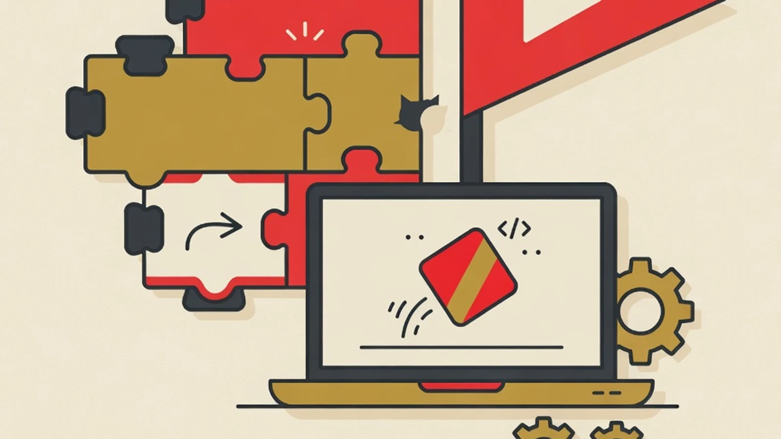 Flat illustration of colourful Scratch code blocks, a green flag play button, and a laptop screen with a bouncing geometric sprite for kids learning to code