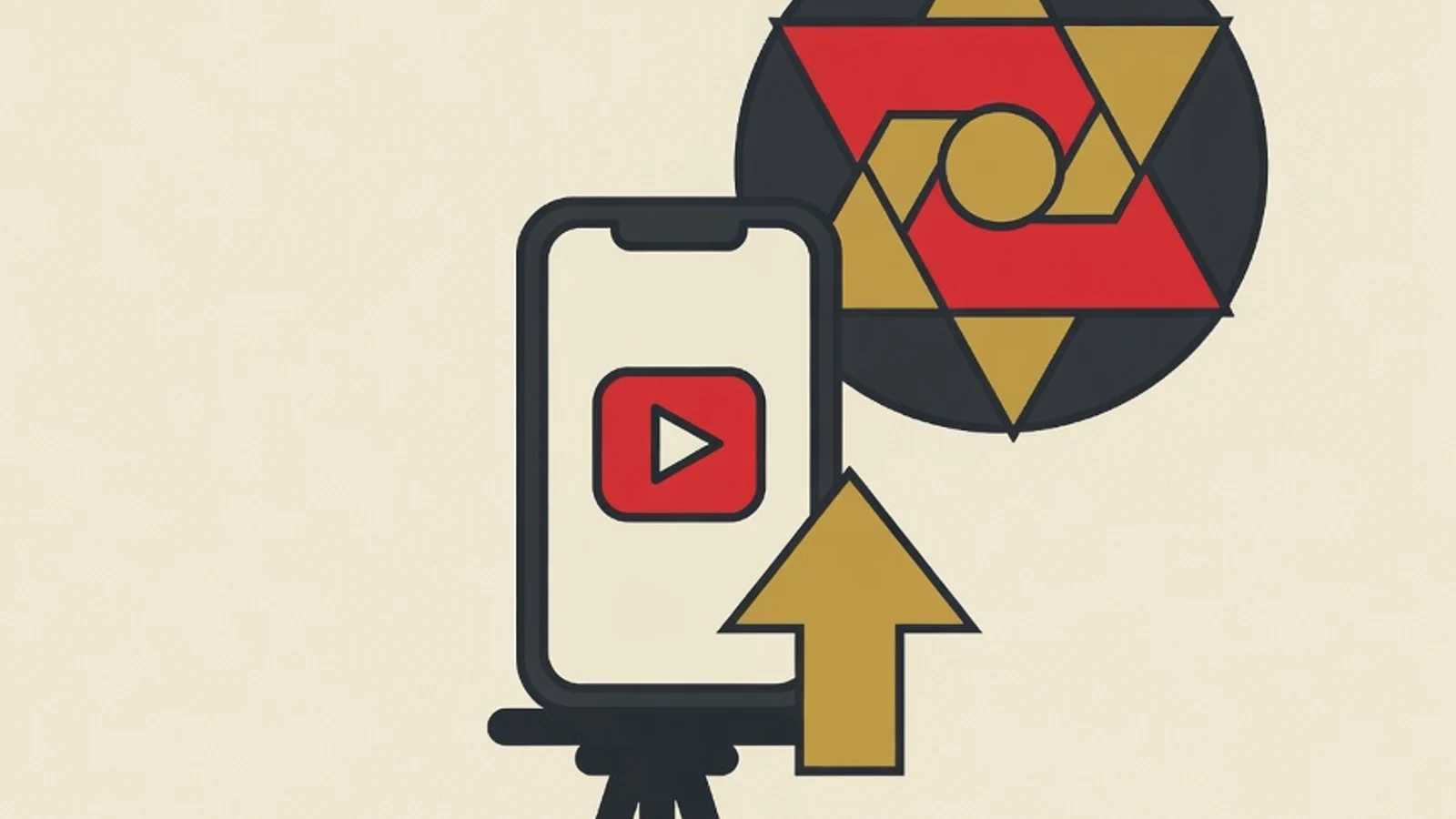 Ilustrasi datar bergaya editorial dengan ponsel di atas tripod, tombol putar, panah unggah, dan simbol lensa kamera untuk memulai jadi content creator