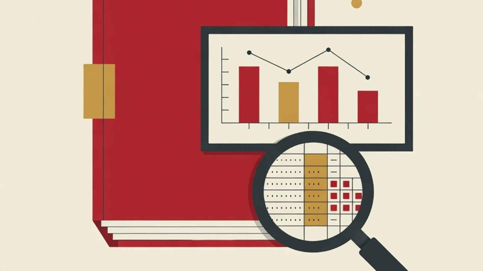 Flat editorial illustration of a project folder with a bar-chart dashboard card, a code repository branch icon, and a magnifying glass over a data sheet