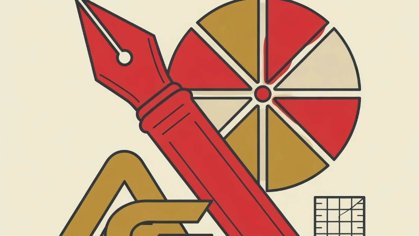 Graphic design learning illustration: a vector pen, a colour wheel, and stacked typographic letters