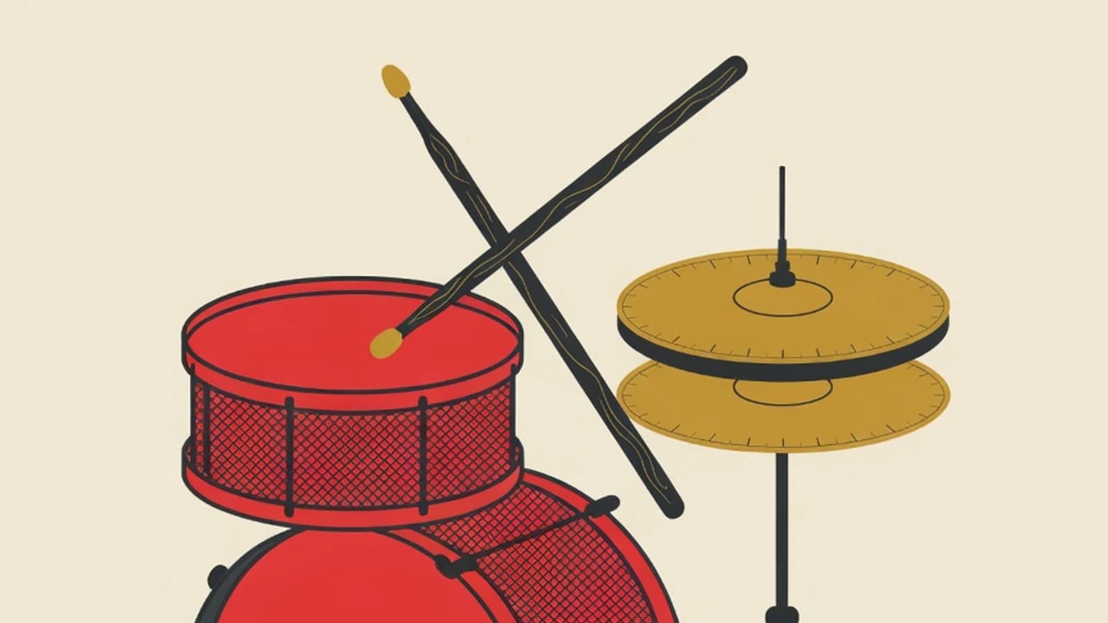 Ilustrasi datar drum set dengan snare, bass drum, hi-hat, sepasang stik, dan lembar notasi ketukan empat perempat