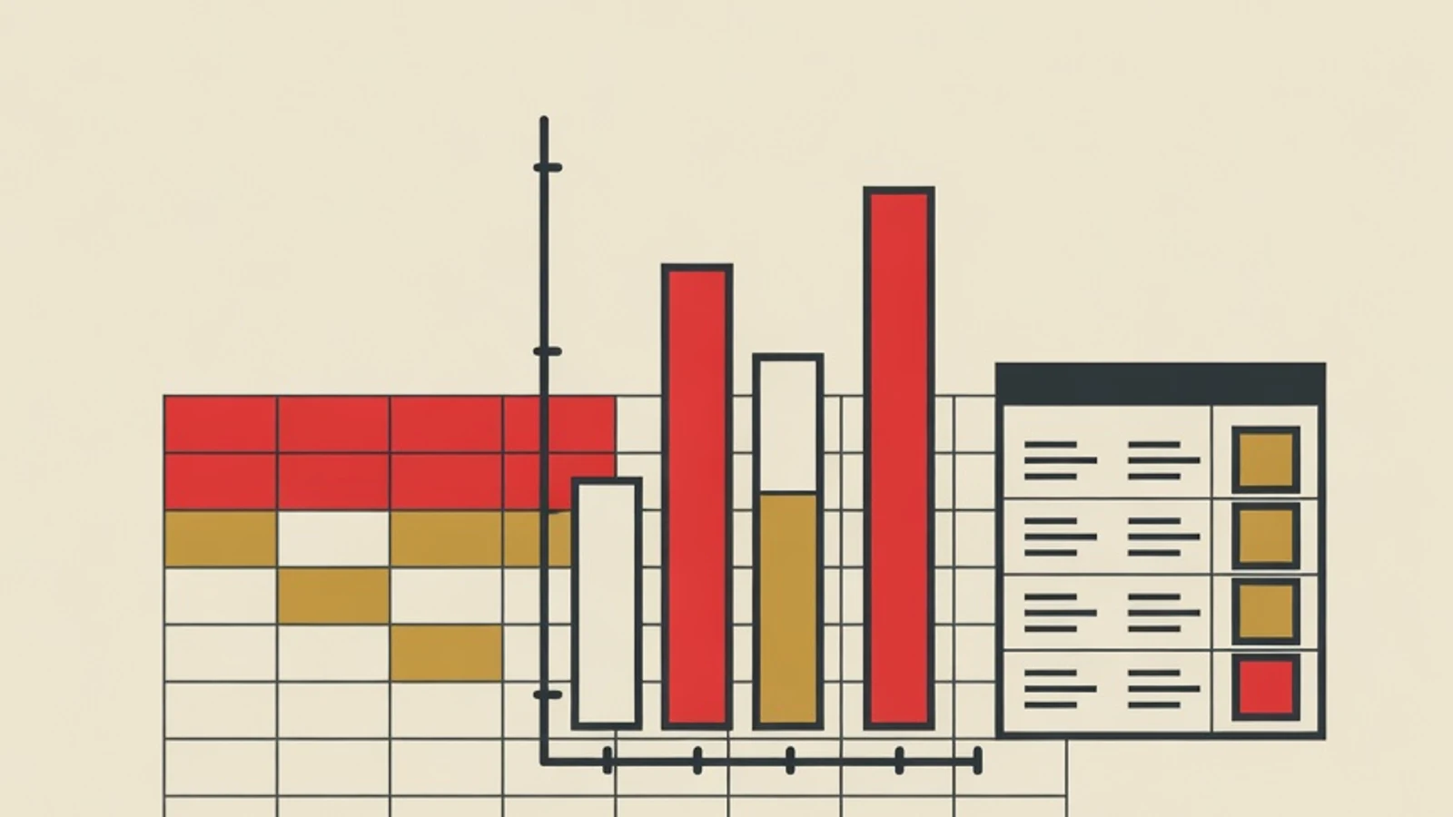 Ilustrasi datar bergaya editorial tentang belajar Excel untuk kerja: grid spreadsheet, grafik batang, blok ringkasan pivot table, tas kerja, dan papan checklist dalam warna brand EduPoint.