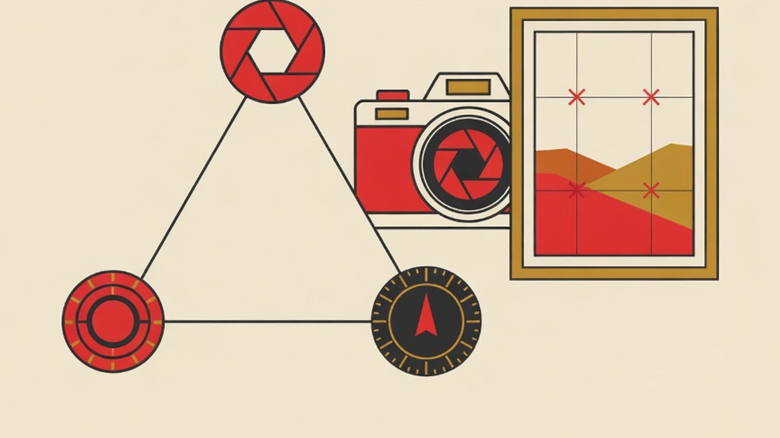 Ilustrasi datar diagram segitiga eksposur dengan tiga sudut aperture, shutter speed, dan ISO, di samping bingkai foto bergaris rule of thirds