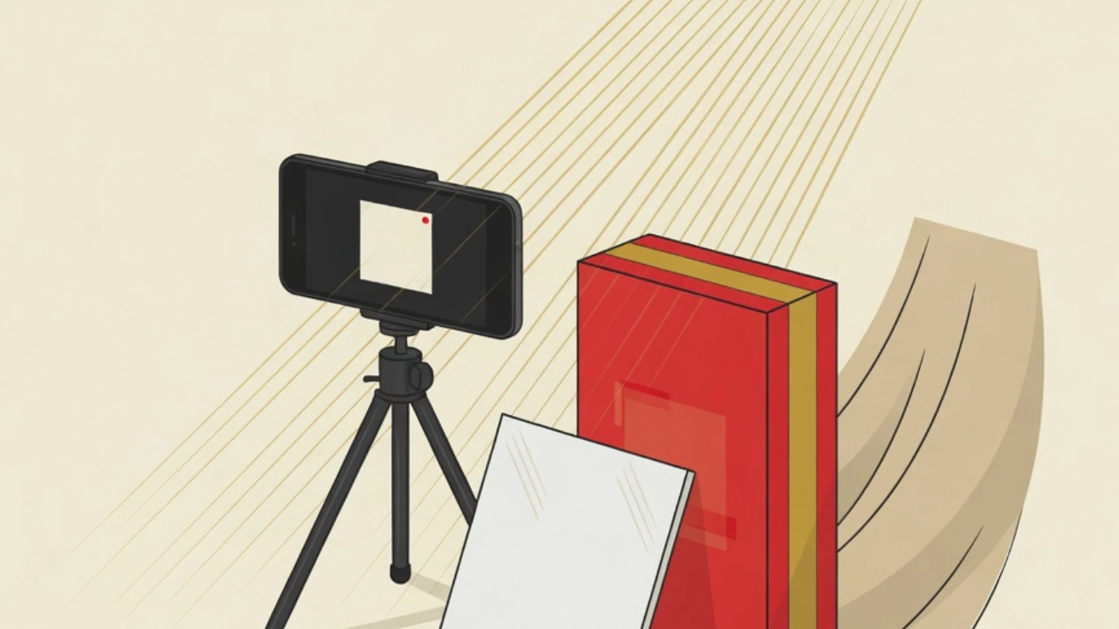 Flat editorial brand-style illustration: a phone on a small tripod facing a product box on a curved sweep backdrop, with a white reflector card and window light rays as symbols of photographing products for online selling with simple gear