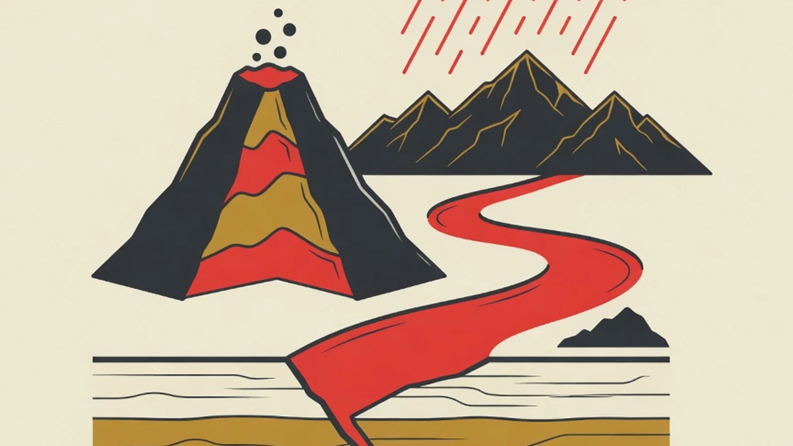 Flat editorial illustration of earth layers, a volcano, a rain cloud over a winding river, and a compass rose in EduPoint brand colors