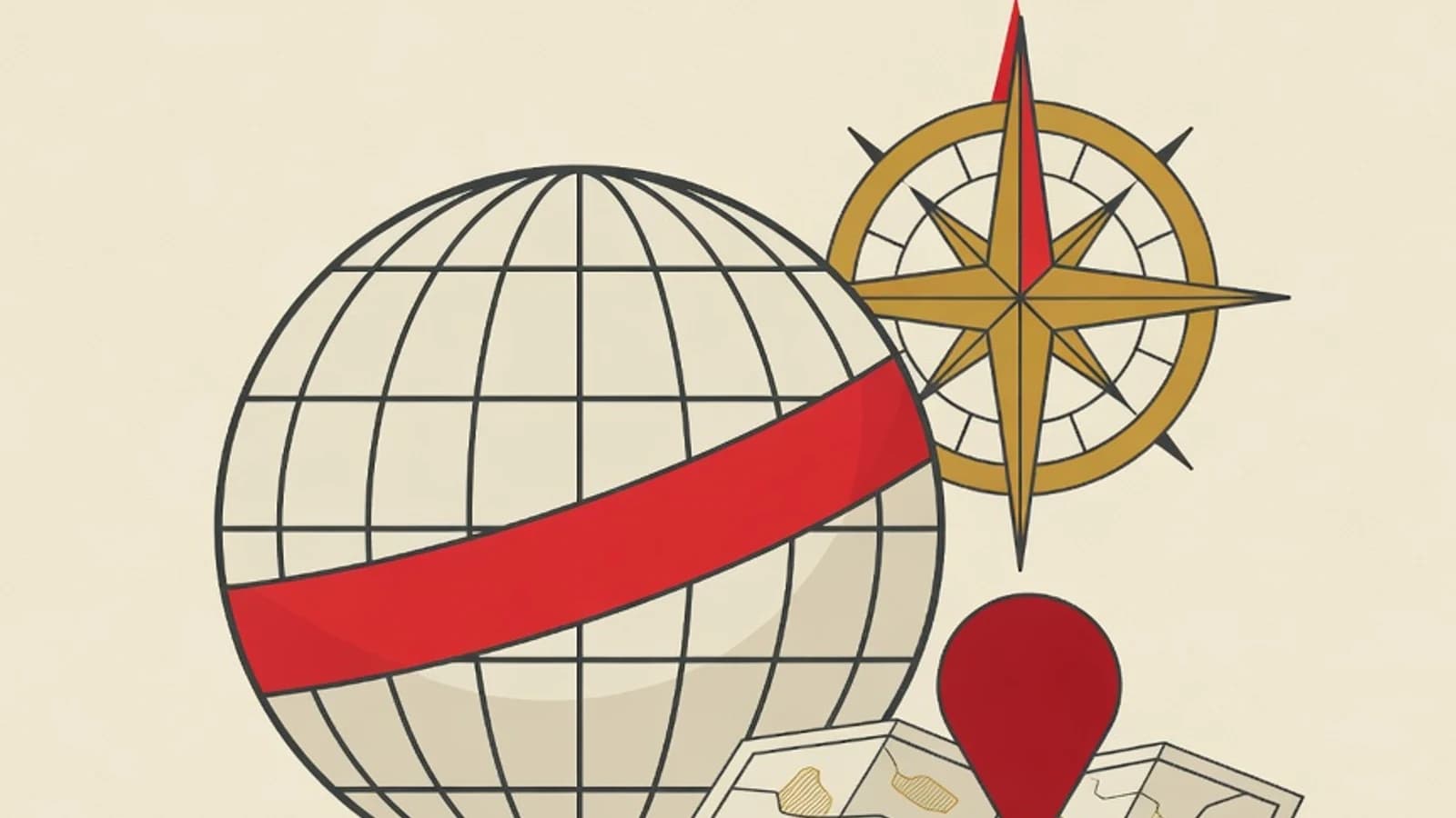 Illustration of a globe with a latitude and longitude grid, a compass, a location pin, and an open map