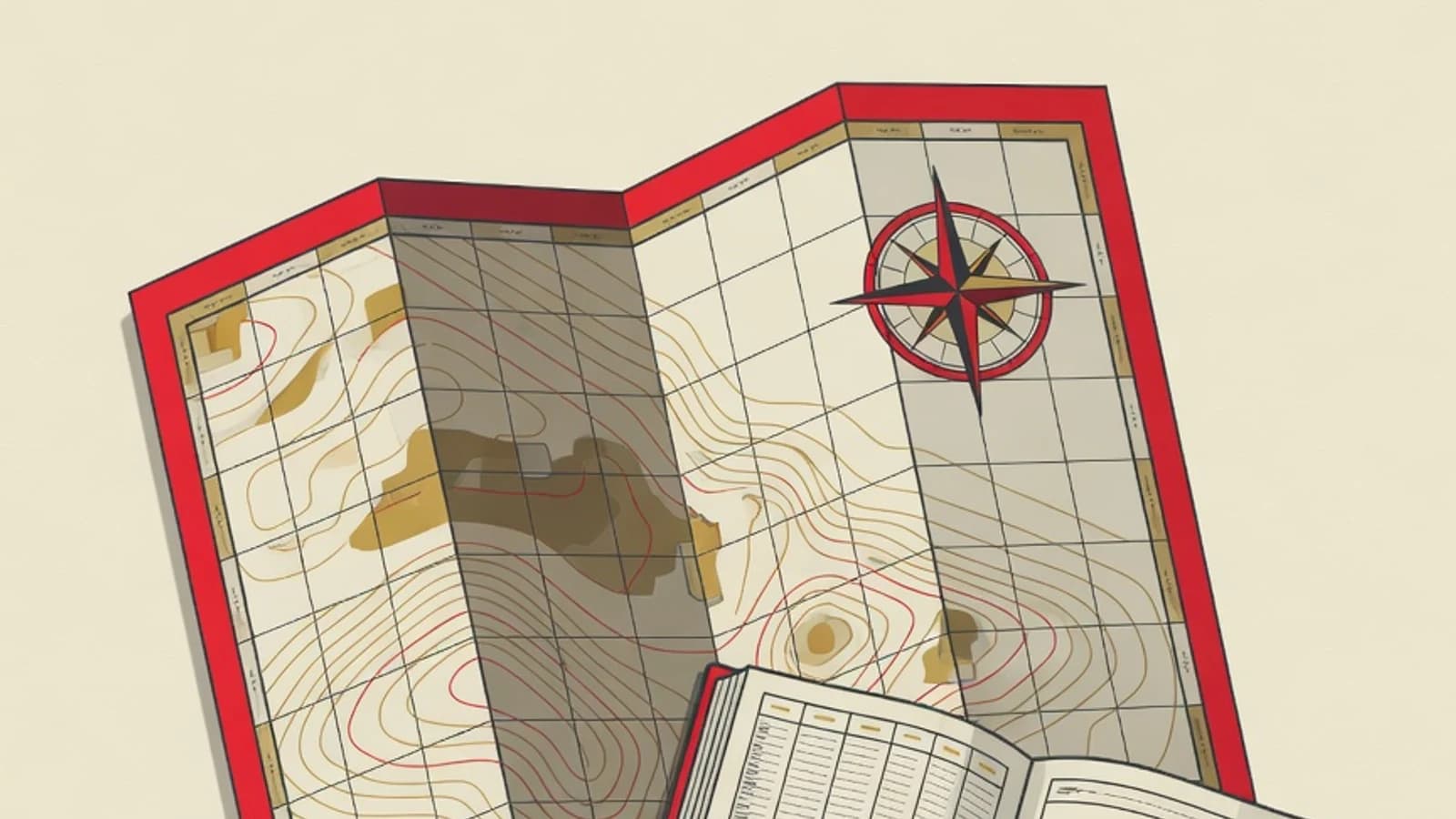 Flat illustration of a folded map with grid lines, a compass rose, contour-line relief, and an open indexed atlas in the brand colour palette