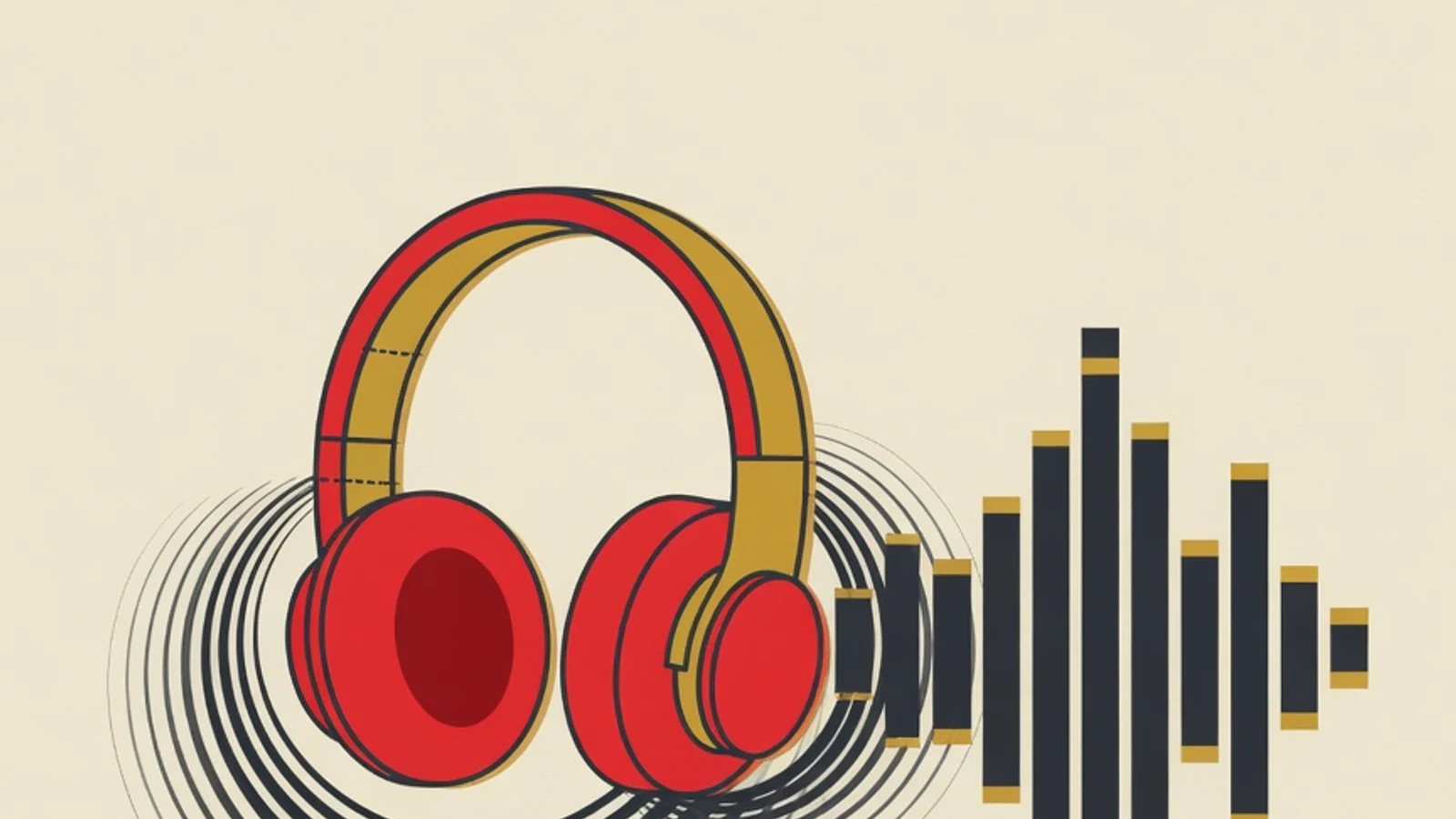 Flat editorial illustration of headphones, sound waves, and a question checklist in the EduPoint red, mustard, and cream palette