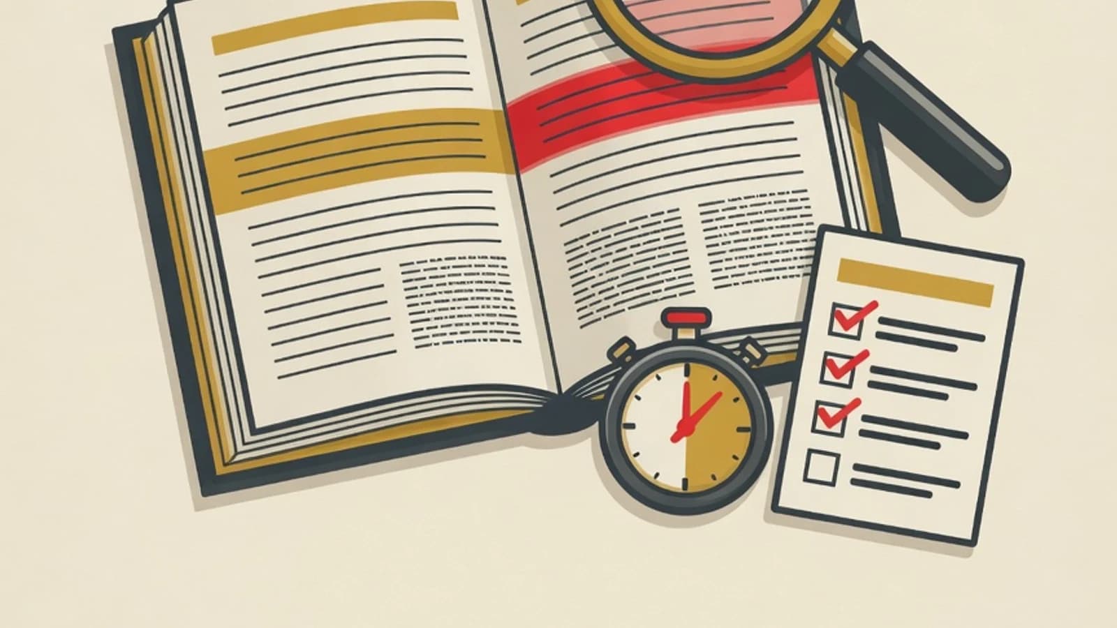 Flat illustration of an open book with layered reading passages, a magnifying glass over a highlighted line, a small stopwatch, and a checklist card in a red, mustard, and cream palette