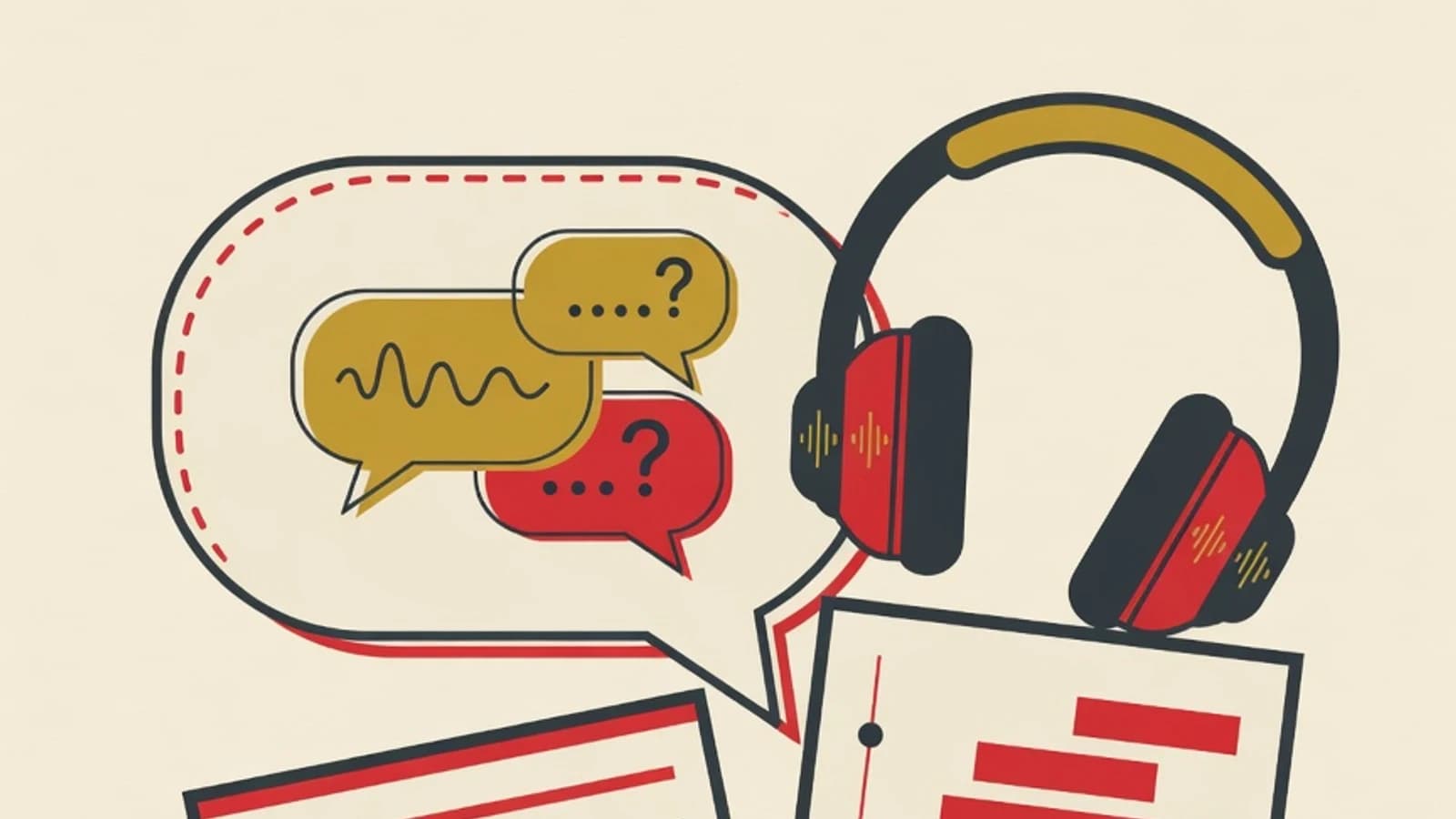 Ilustrasi persiapan IELTS Speaking: gelembung percakapan, headphone, lembar jawaban, dan grafik skor band