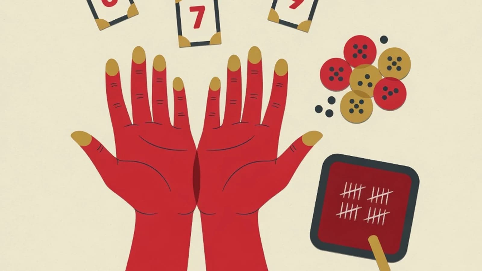 Flat illustration of two open hands demonstrating jarimatika finger values, number cards from one to nine, and red and mustard counting buttons on a cream background