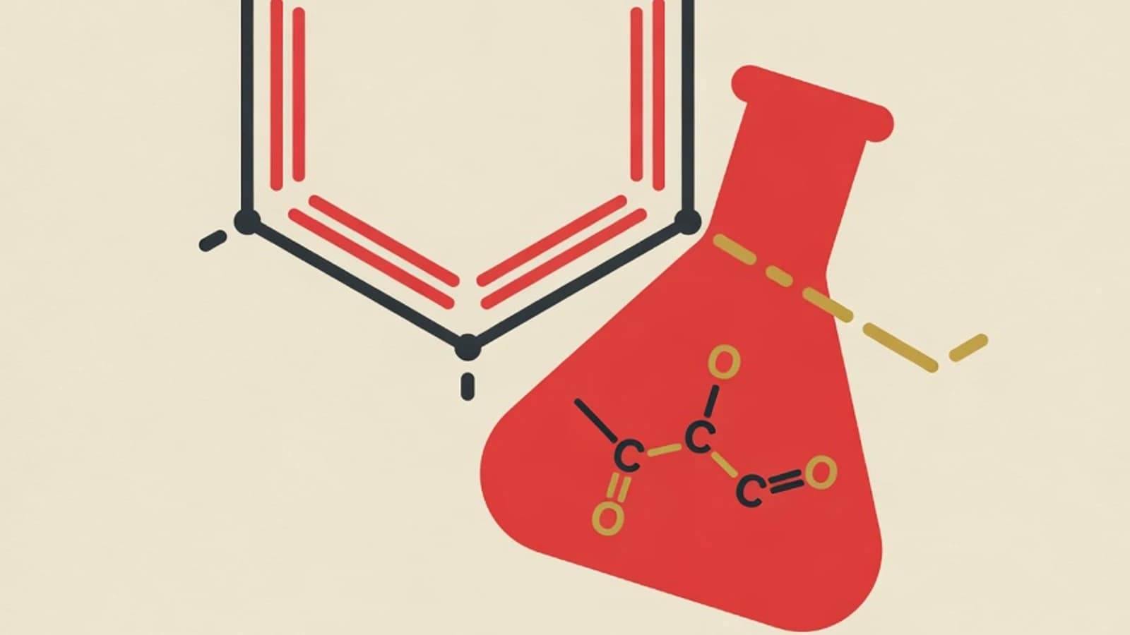 Editorial vector illustration of a hexagonal benzene ring, a carbon skeleton chain, and a laboratory flask in EduPoint brand colours