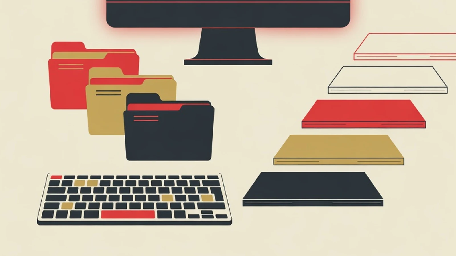 Editorial illustration of a glowing computer monitor, neatly stacked folder icons, a keyboard, and ascending steps representing learning computer skills gradually from scratch