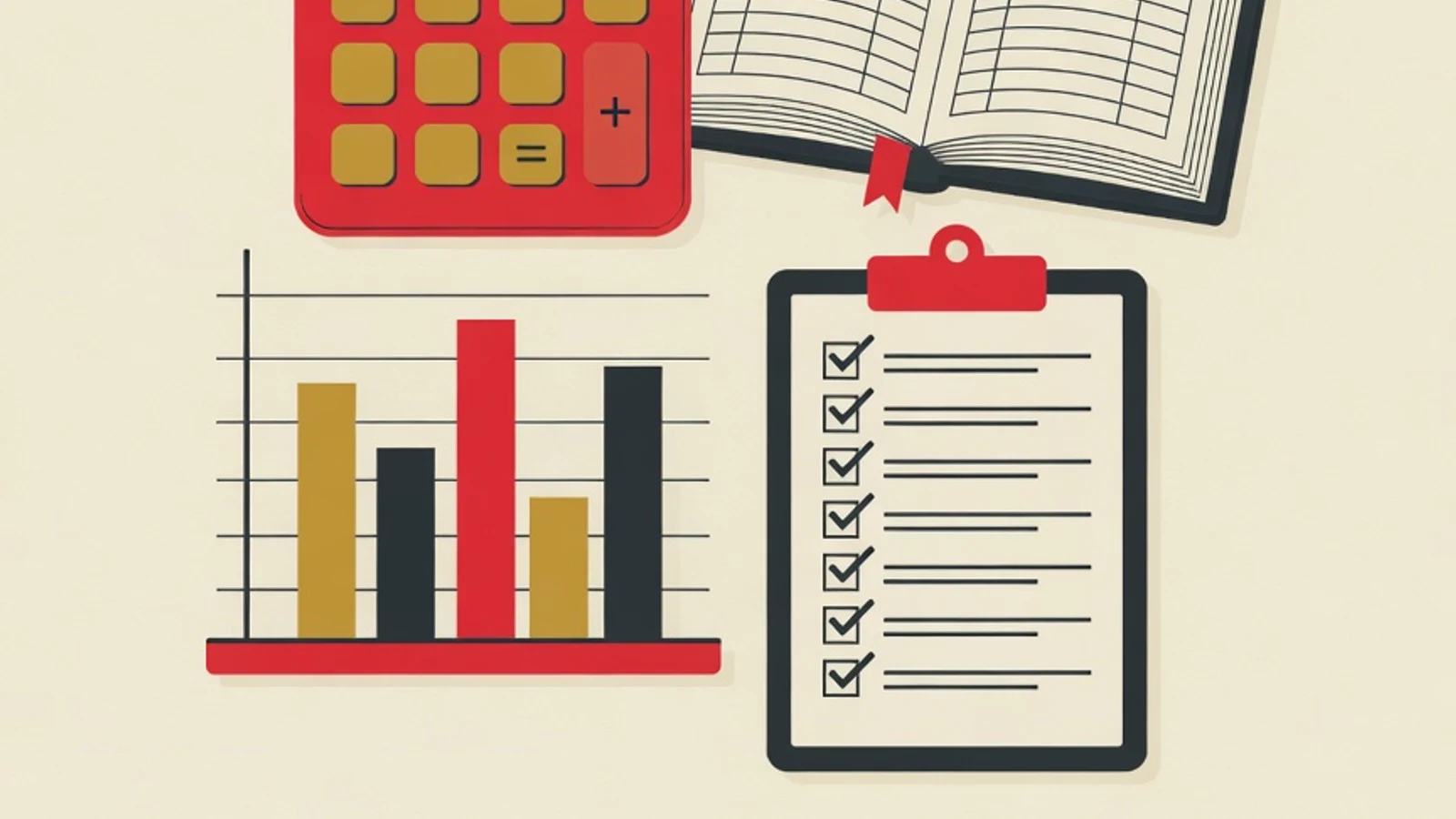 Flat illustration of a calculator, ledger, selection checklist, balance scale, and financial chart symbolizing weighing accounting tutoring options