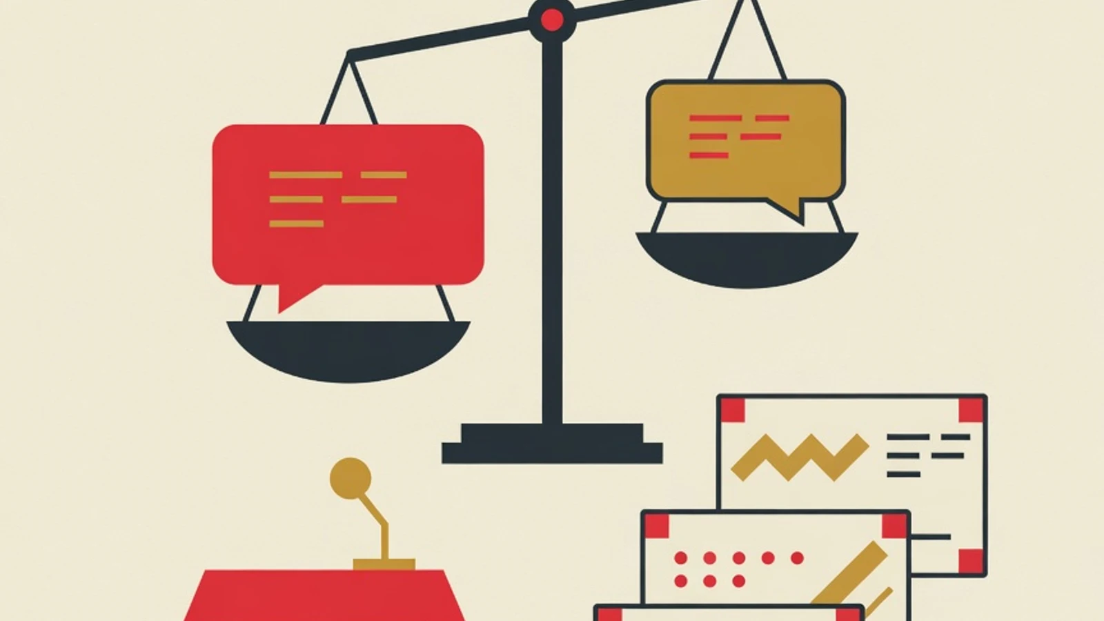 Flat illustration of a balance scale weighing two argument speech bubbles, a stack of argument cards, and a podium with a microphone for a guide on building debate arguments