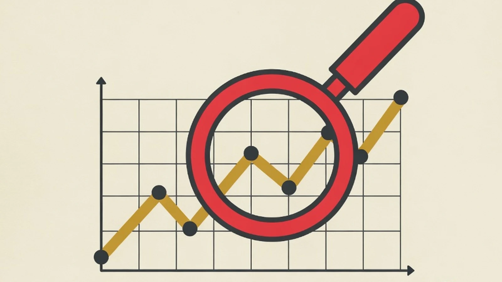 Flat illustration of a magnifying glass over a rising trend line, marketplace product cards with price tags, a small shopping cart, and a bar-chart comparison panel in EduPoint's signature red and yellow palette