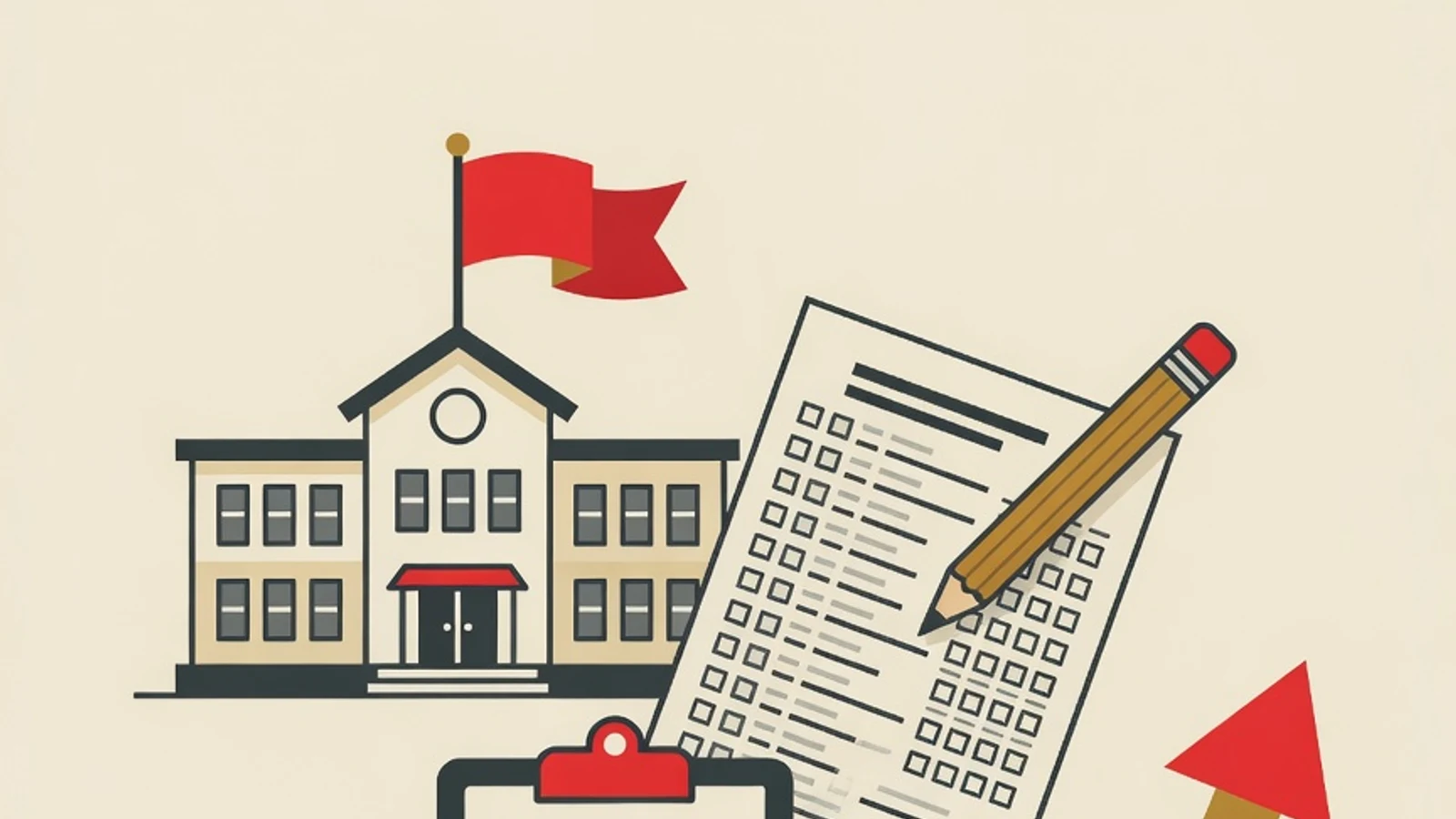 Ilustrasi datar gerbang sekolah, lembar jawaban ujian masuk, papan periksa kelulusan, dan anak panah jenjang menuju SMA favorit