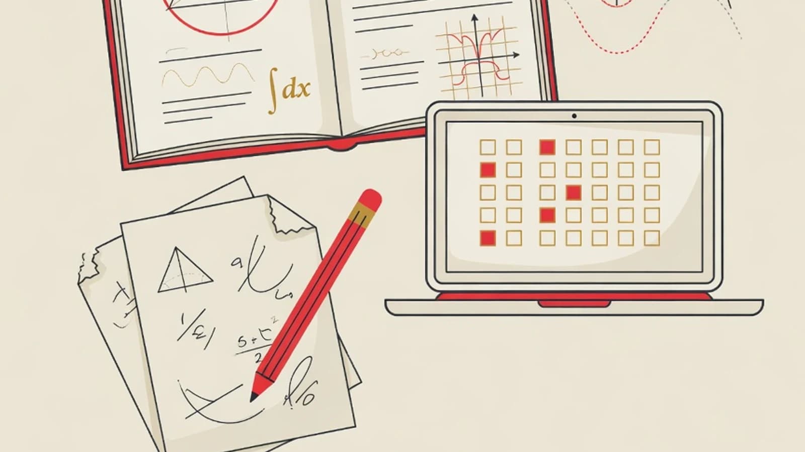 Illustration of an open Mathematics book, a pendulum and wave diagram for Physics, and a laptop showing an online exam layout for SSU-ITB Academic Exam preparation