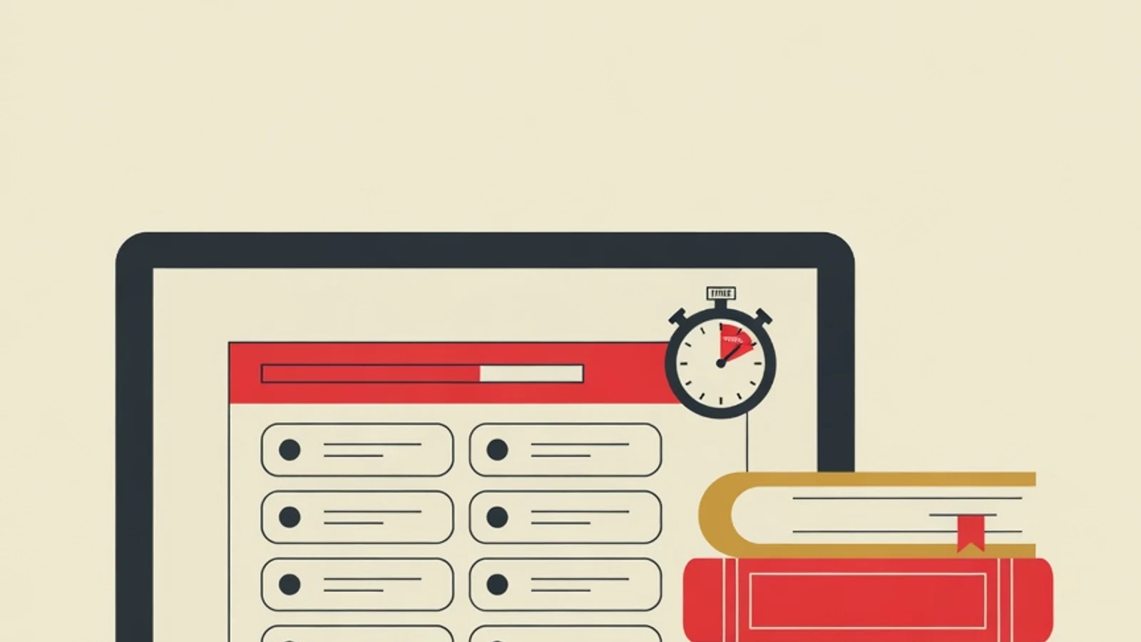 Flat vector illustration of UTUL UGM preparation: a computer screen showing a timed test interface, a stack of study books, a checklist clipboard, and a stopwatch