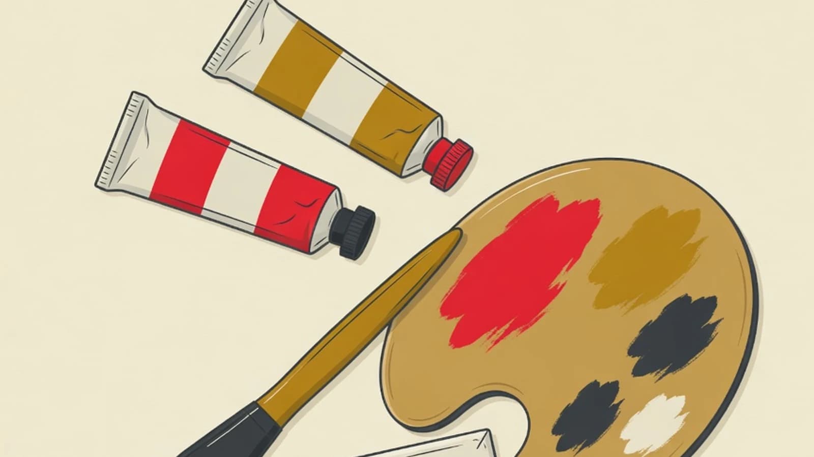 Ilustrasi datar tube cat akrilik, kuas pipih lebar, palet dengan sampel warna, dan kanvas kosong dengan palet brand EduPoint