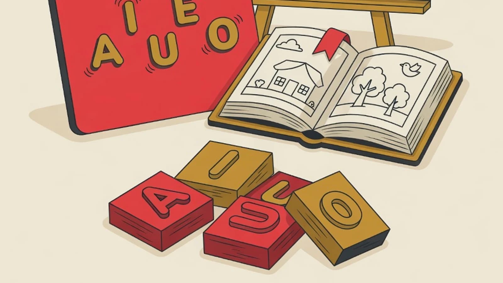 Flat illustration of colourful vowel-sound cards, an open picture storybook, a small whiteboard showing syllables, and letter blocks for a child learning to read