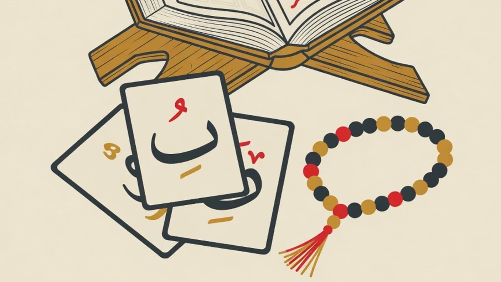 Ilustrasi flat editorial mushaf Al-Qur'an terbuka dengan tanda tajwid berwarna di atas rehal kayu, kartu huruf hijaiyah berharakat, dan untaian tasbih dengan palet warna brand EduPoint