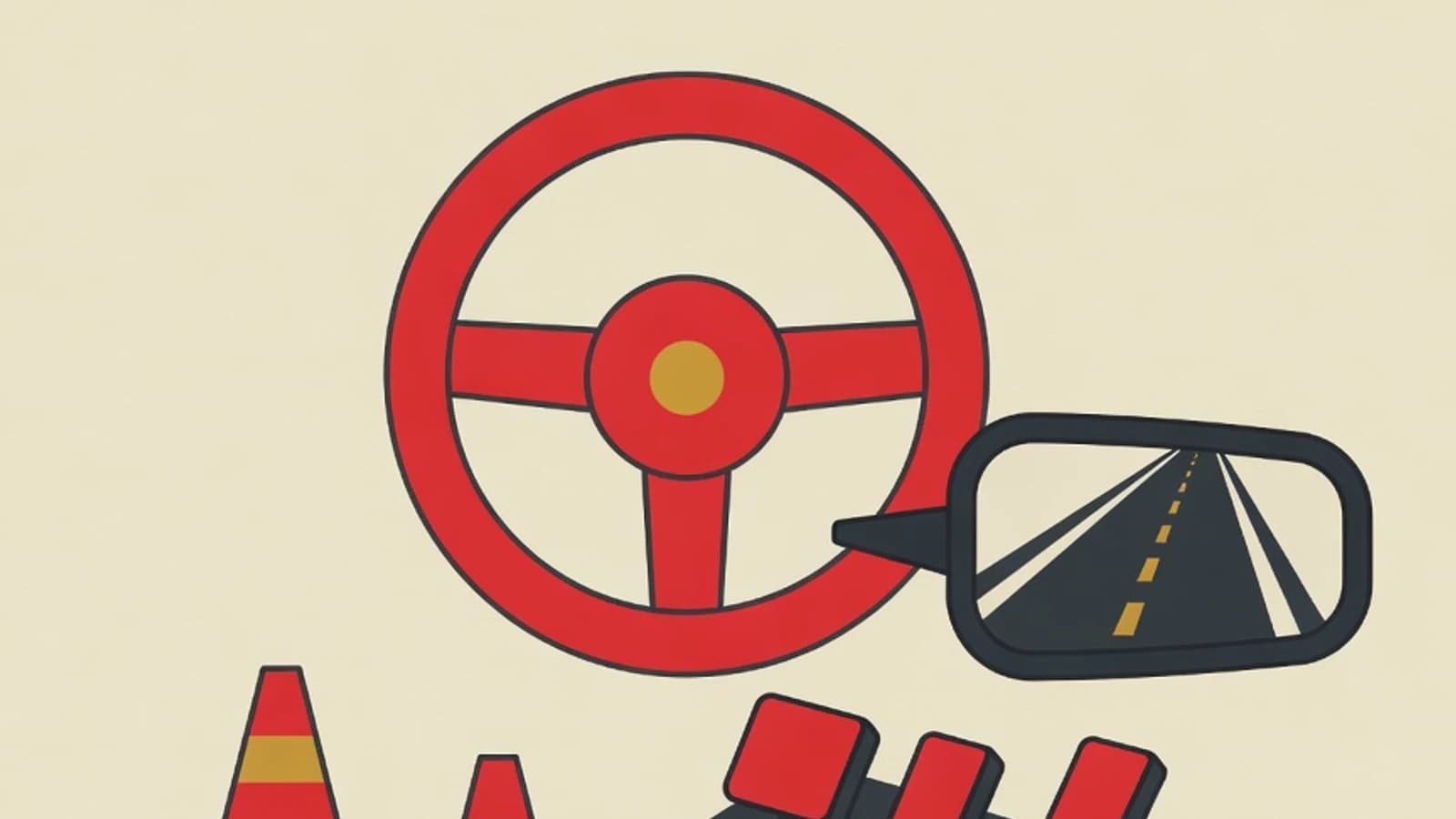 Ilustrasi datar bergaya editorial menampilkan setir mobil, tiga pedal, kaca spion yang memantulkan jalan, dan deretan kerucut lalu lintas penanda area latihan, beraksen merah dan mustard